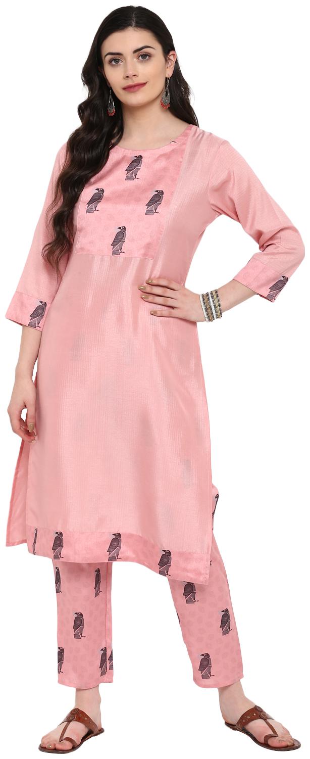 

Ziyaa women Pink Color Digital Print Straight polySilk Kurta Pant Set