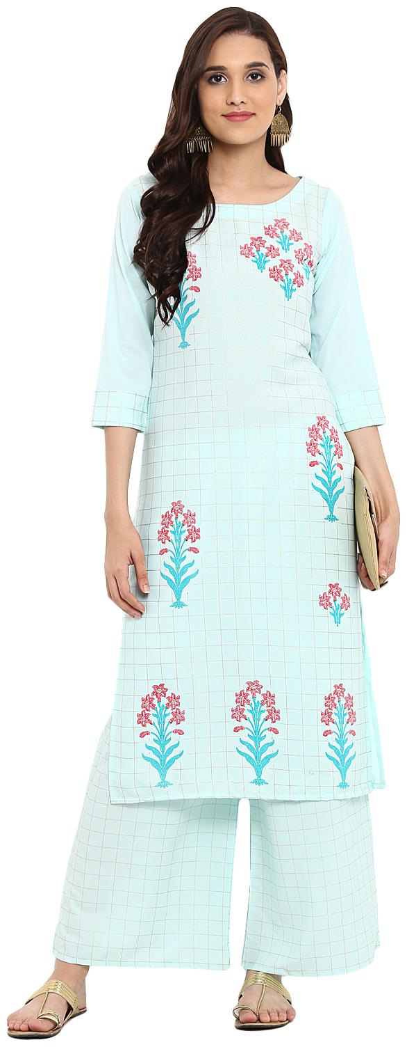 

ZIYAA Women Turquoise Floral Straight Kurta With Palazzo