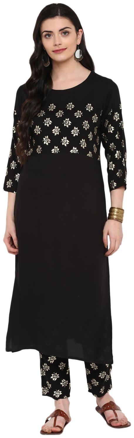 

Ziyaa women Black Color Foil Print straight Rayon Kurta Pant Set