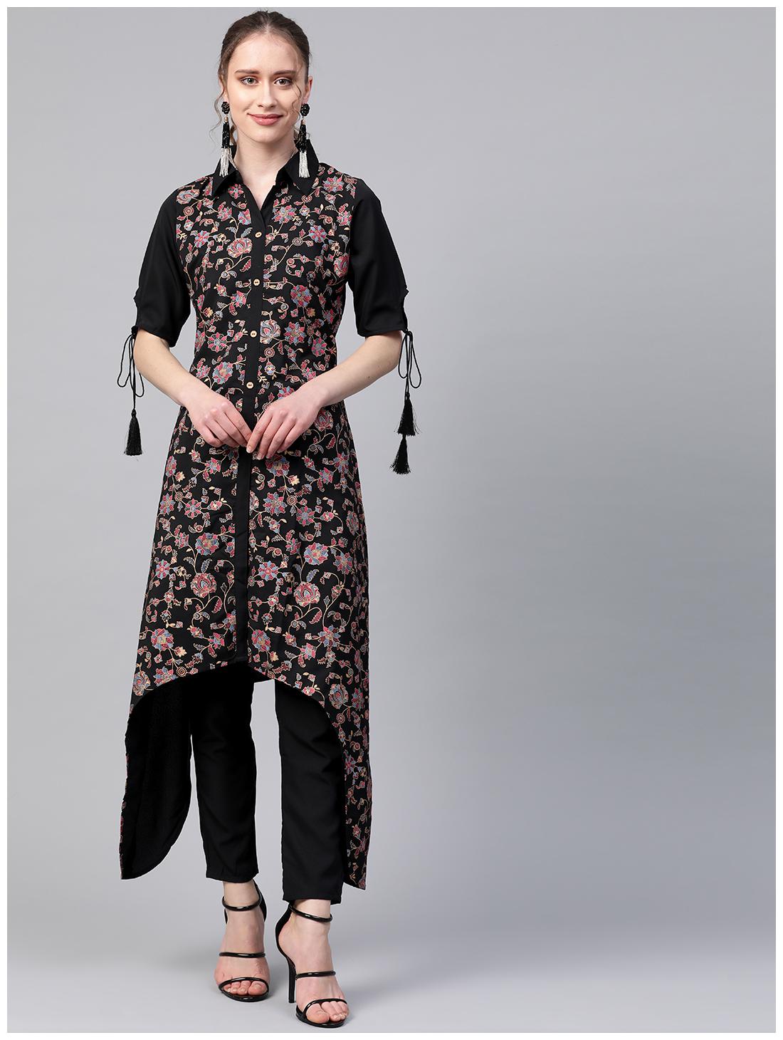

ZIYAA Women Black Floral Flared Kurta With Pants