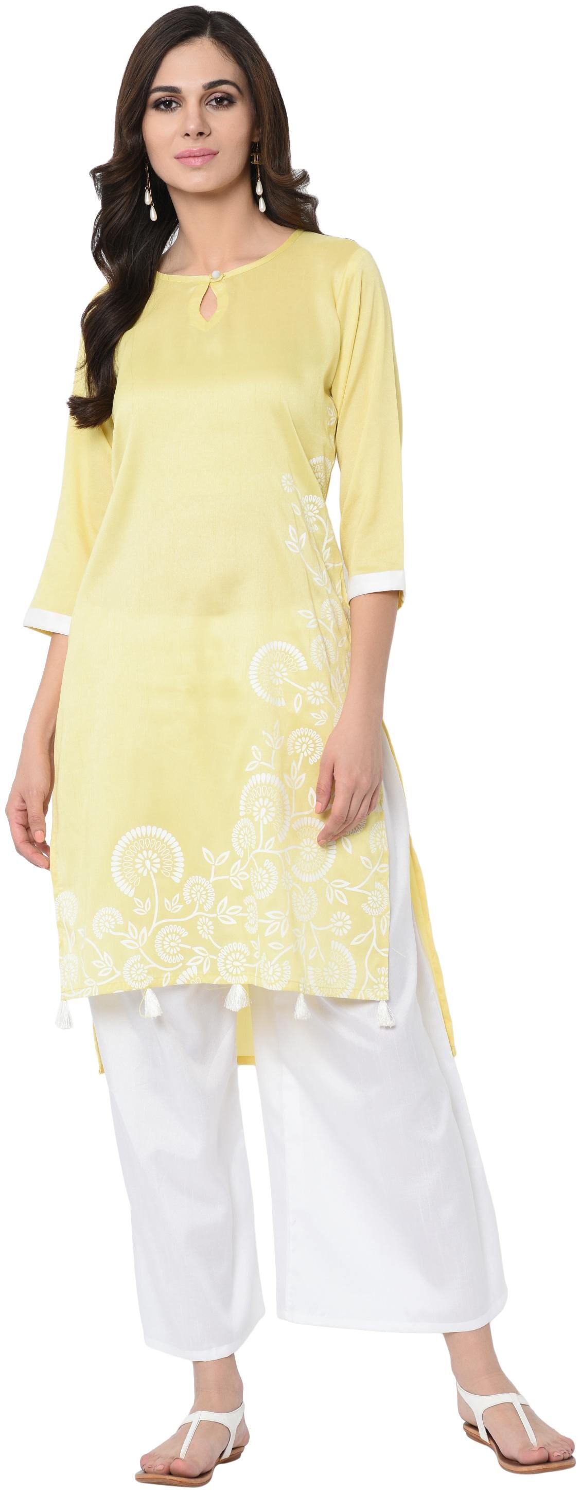 

Ziyaa Women Polyester Floral Kurta With Palazzo (Yellow White)