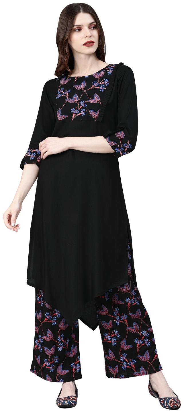 

ZIYAA Women Black Floral Assymetrical Kurta