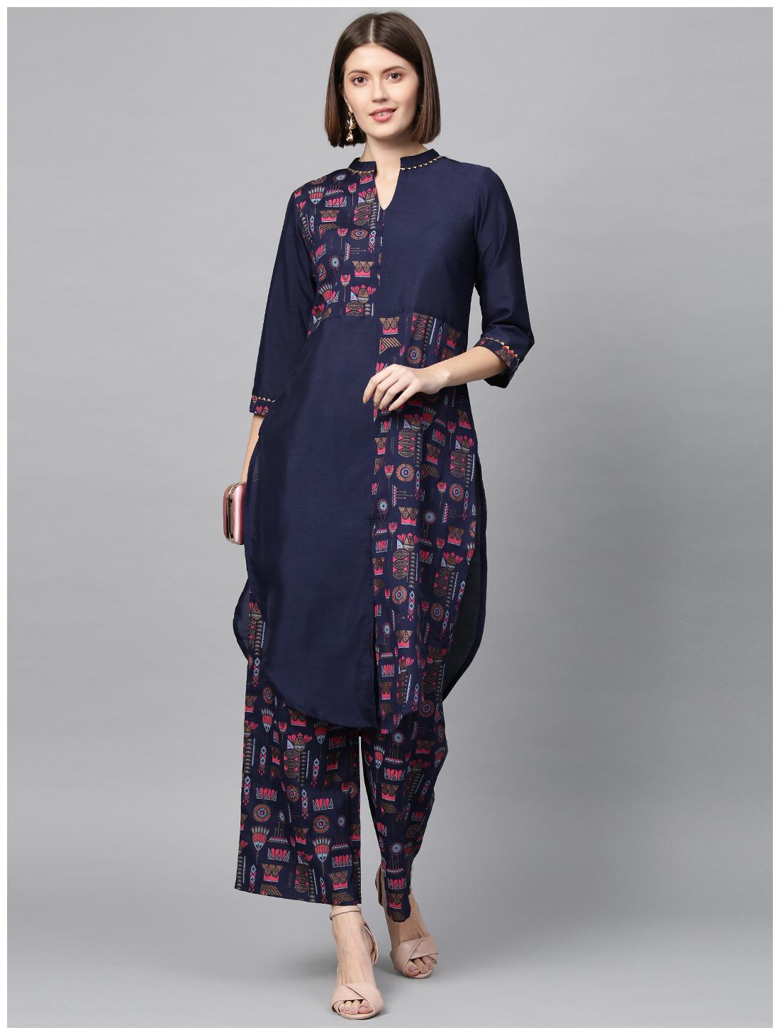 

ZIYAA Women Navy Blue Ethnic Motifs Assymetrical Kurta