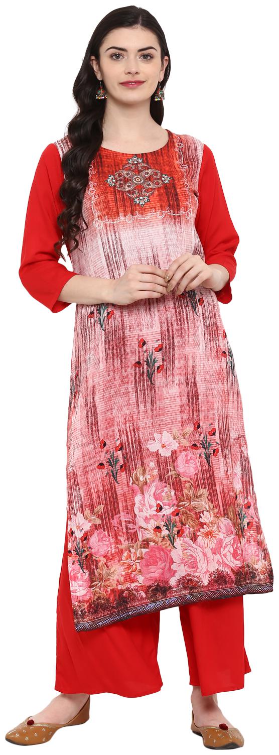

Ziyaa women Red and Pink Color Digital Print straight Rayon Kurta Palazzo Set