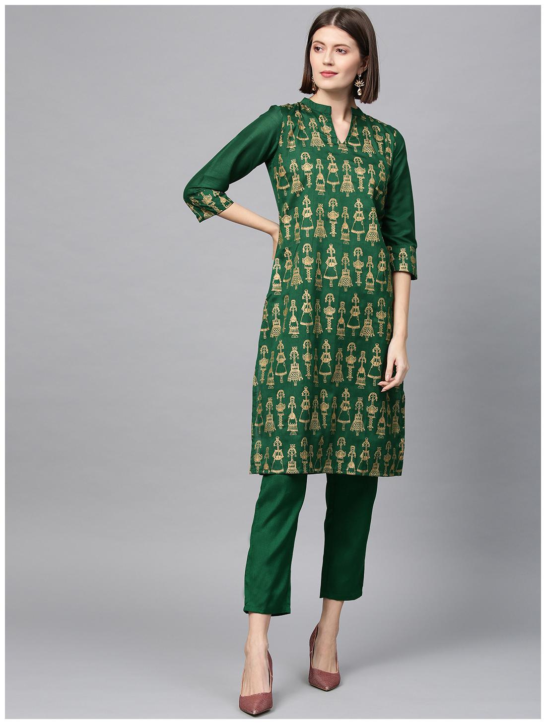 

ZIYAA Women Green Ethnic Motifs Straight Kurta With Pants