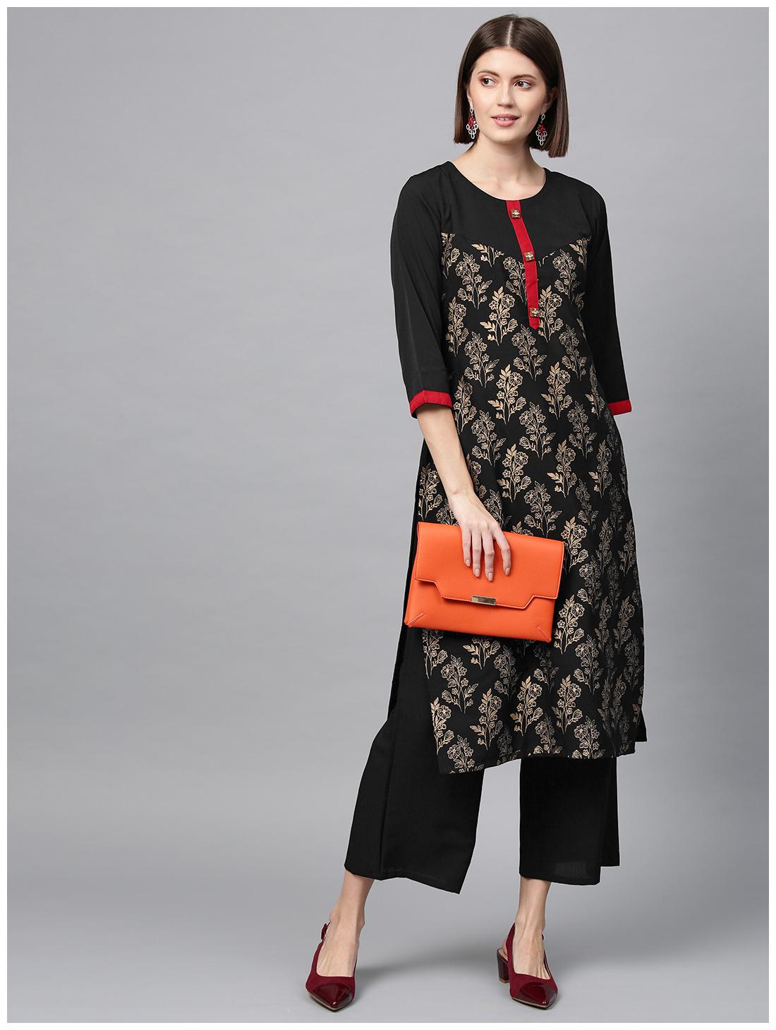 

ZIYAA Women Black Floral Straight Kurta