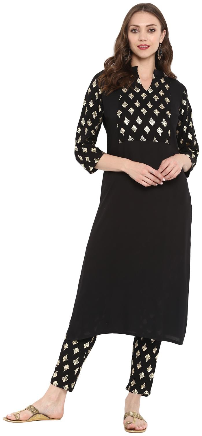 

Ziyaa women Black Color Foil Print straight Rayon Kurta Pant Set