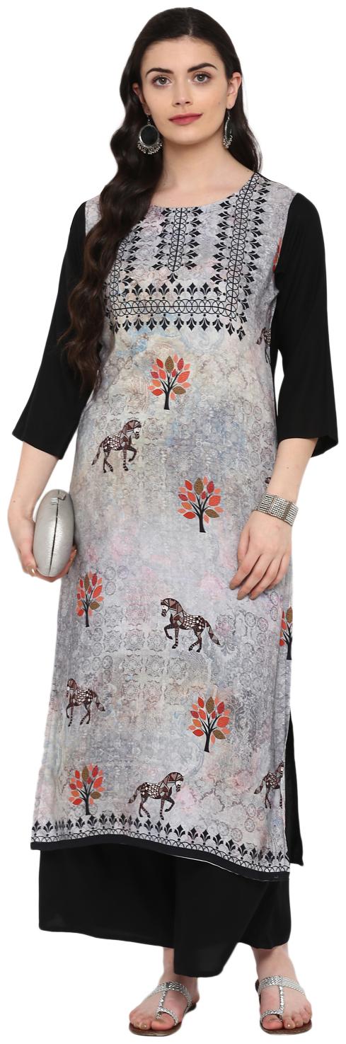 

ZIYAA Women Grey Black Printed Straight Kurta