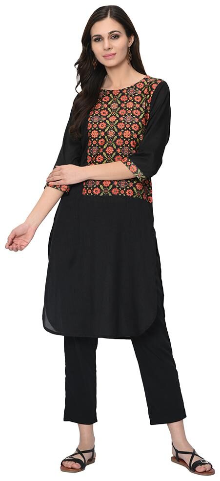 

ZIYAA Women Black Floral Straight Kurta