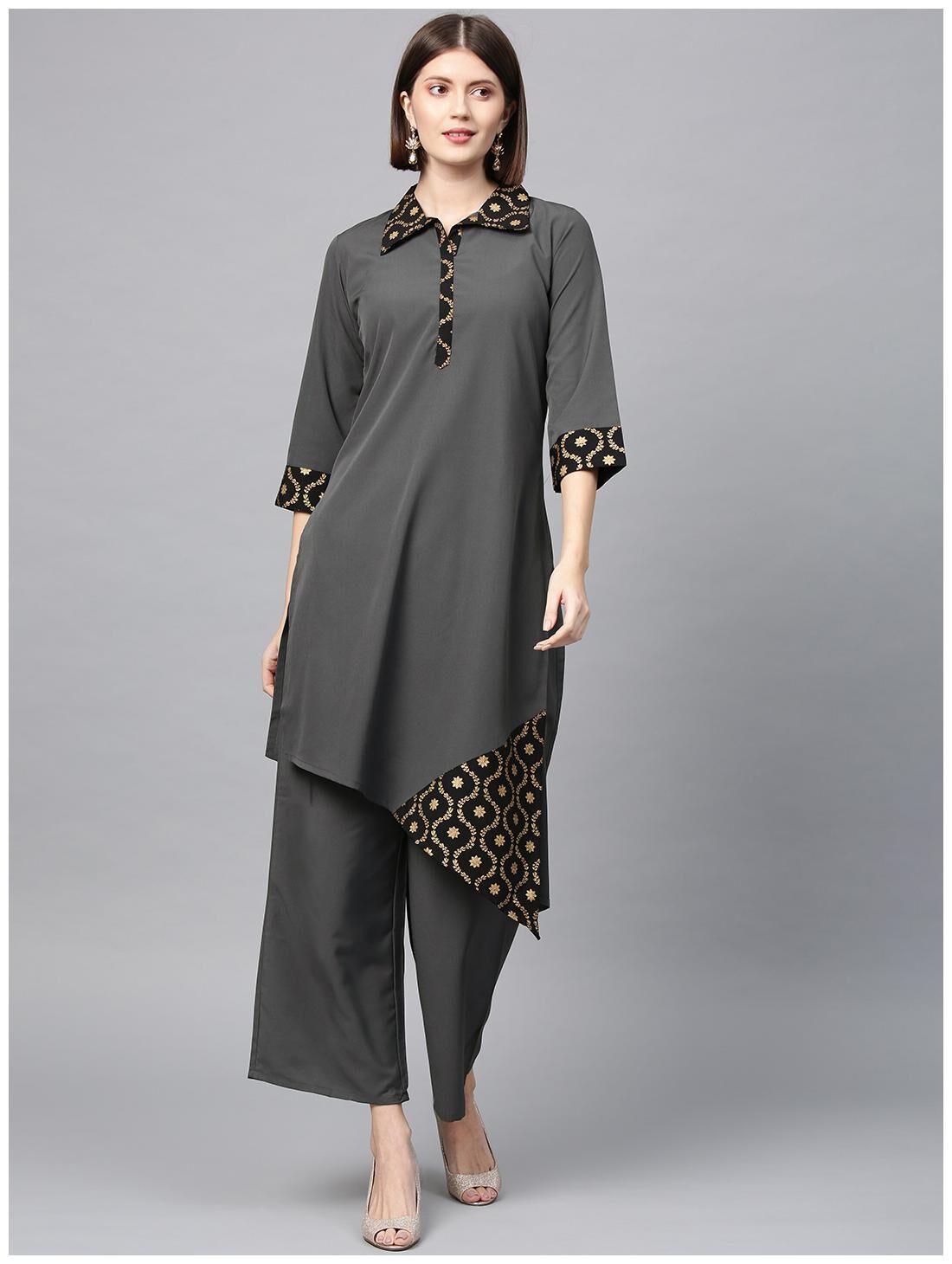 

ZIYAA Women Crepe Floral Grey Kurta With Palazzo