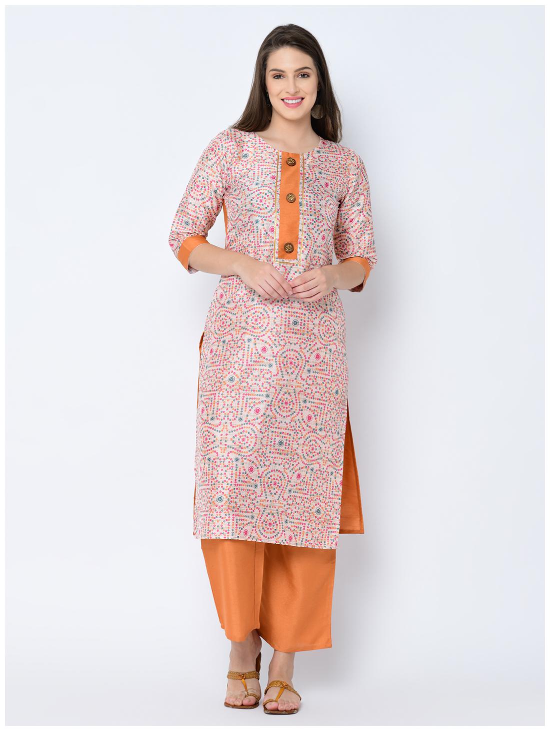 

ZIYAA Women Cream Bandhani Straight Kurta With Palazzo