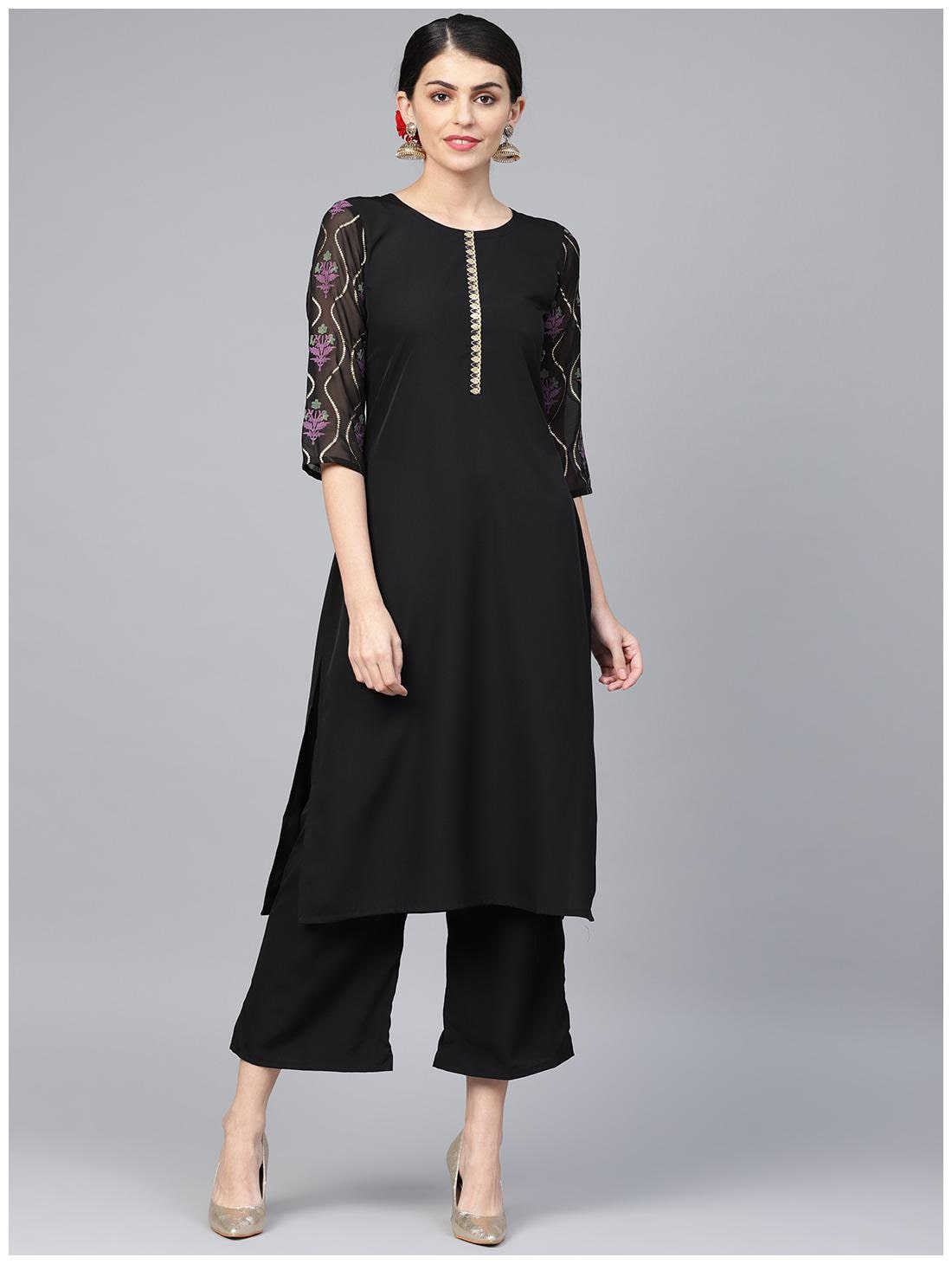 

ZIYAA Women Crepe Solid Black Kurta With Palazzo