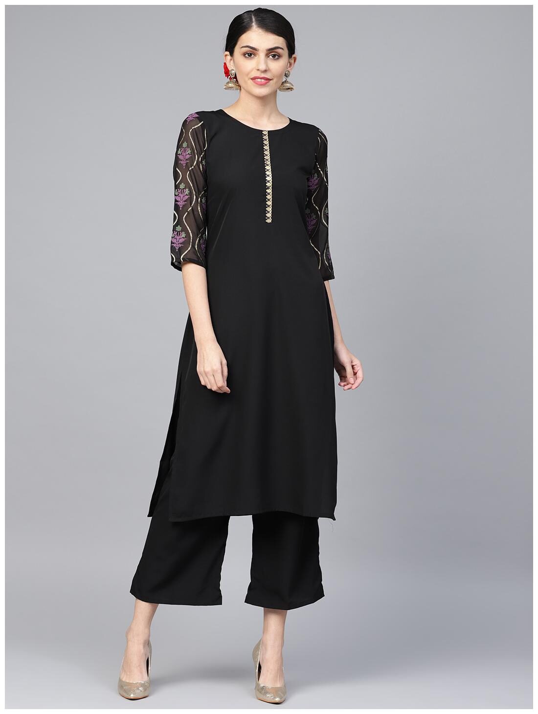 

ZIYAA Women Crepe Solid Black Kurta With Palazzo