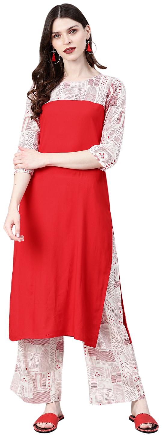 

ZIYAA Women Red Printed Straight Kurta With Palazzo