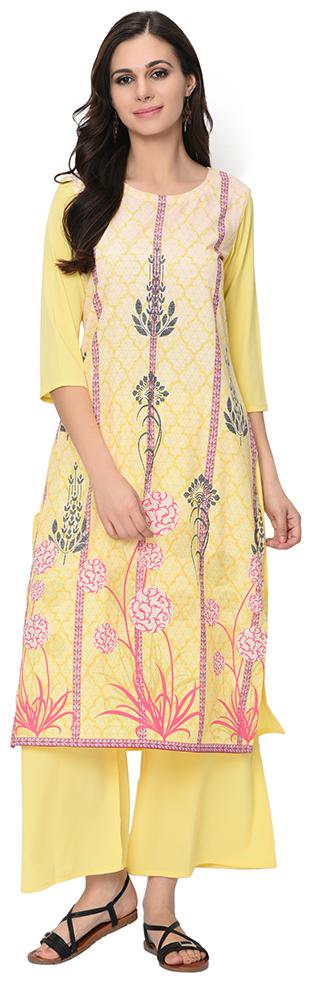 

Ziyaa Women Crepe Floral Kurta With Palazzo (Yellow)