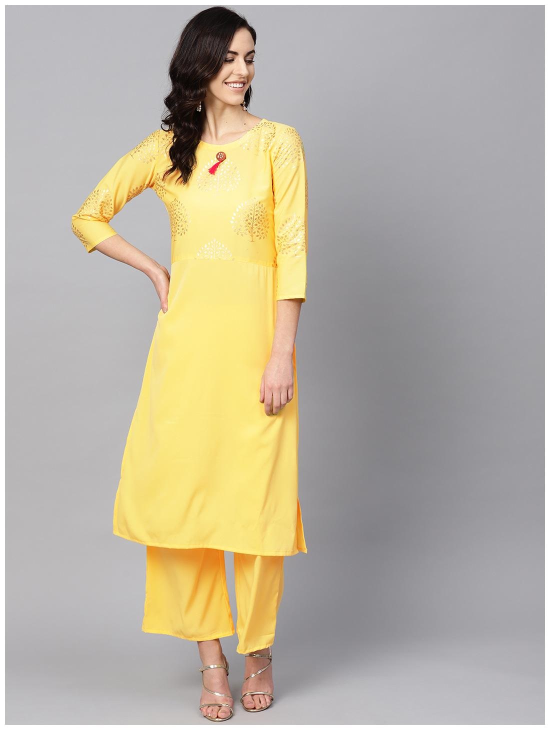 

ZIYAA Women Crepe Printed Yellow Kurta With Palazzo
