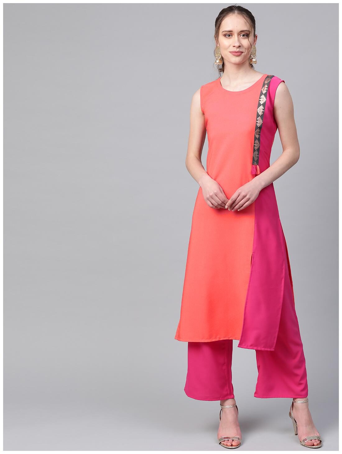 

ZIYAA Women Orange Pink Solid Straight Kurta With Palazzo