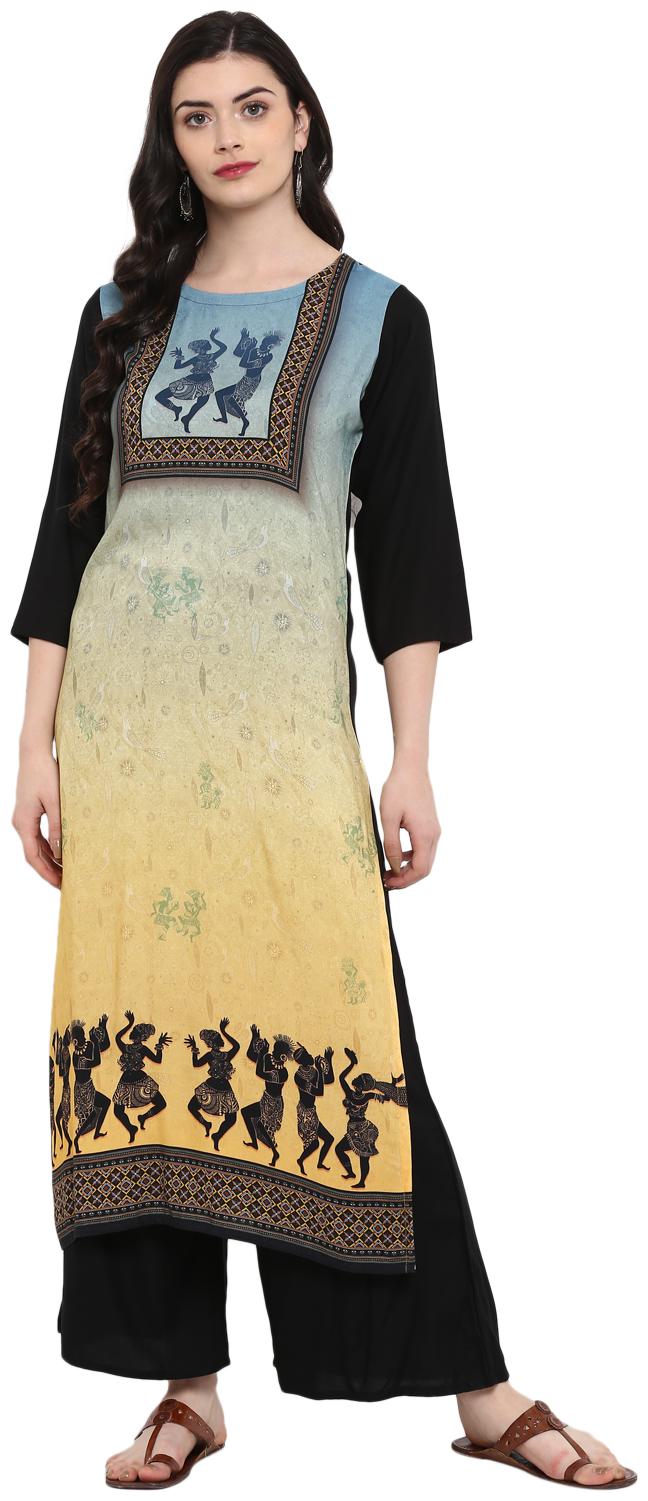 

Ziyaa women Yellow and black Color Digital Print straight Rayon Kurta Palazzo Set