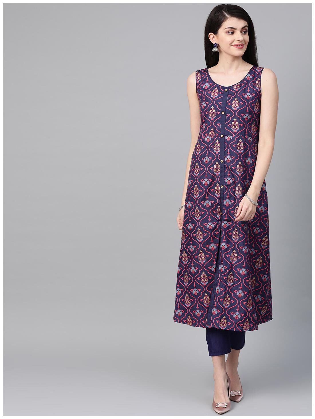 

Ziyaa Women Navy Blue Color Floral A-Line Art Silk Kurta