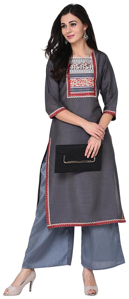 

ZIYAA Women Grey Floral Straight Kurta With Palazzo