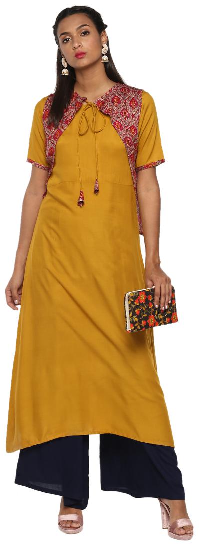 

Ziyaa Women s Mustard Color Flared Rayon Floral Print Kurta With Jacket