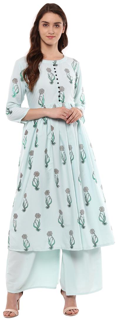 

Ziyaa Women s Summer Blue color Flared Crepe Floral Print Kurta Palazzo Set