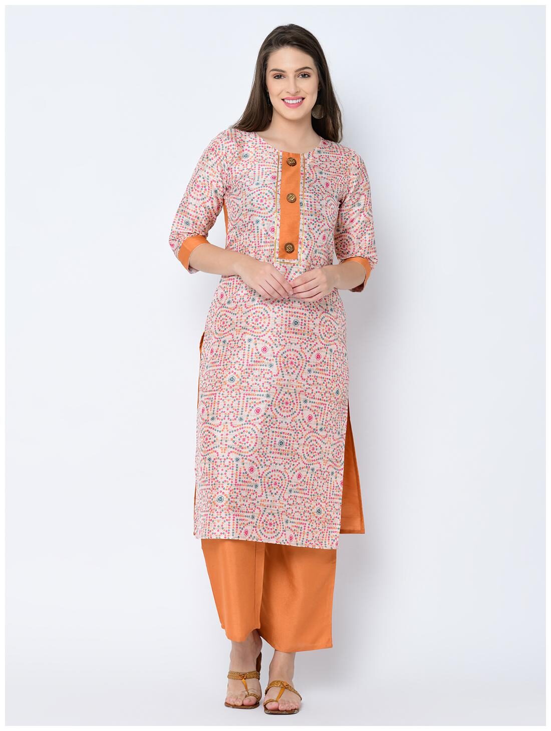 

ZIYAA Women Cream Bandhani Straight Kurta With Palazzo