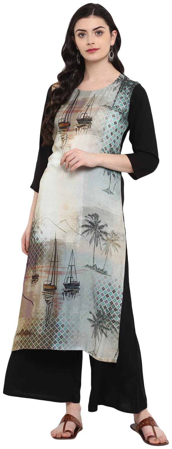 

Ziyaa women Grey and black Color Digital Print straight Rayon Kurta Palazzo Set