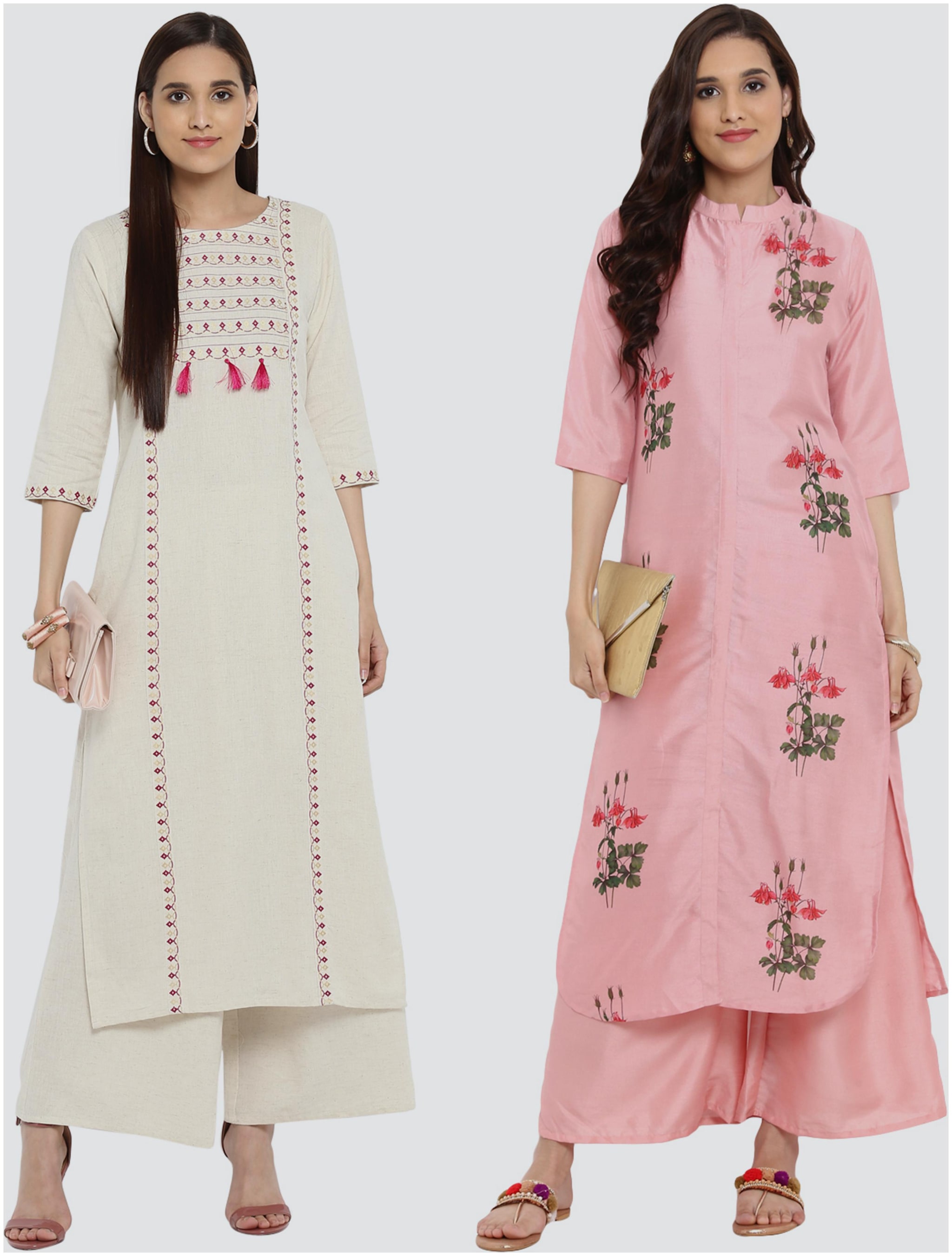 

ZIYAA Women Pink Cream Printed Straight Kurta