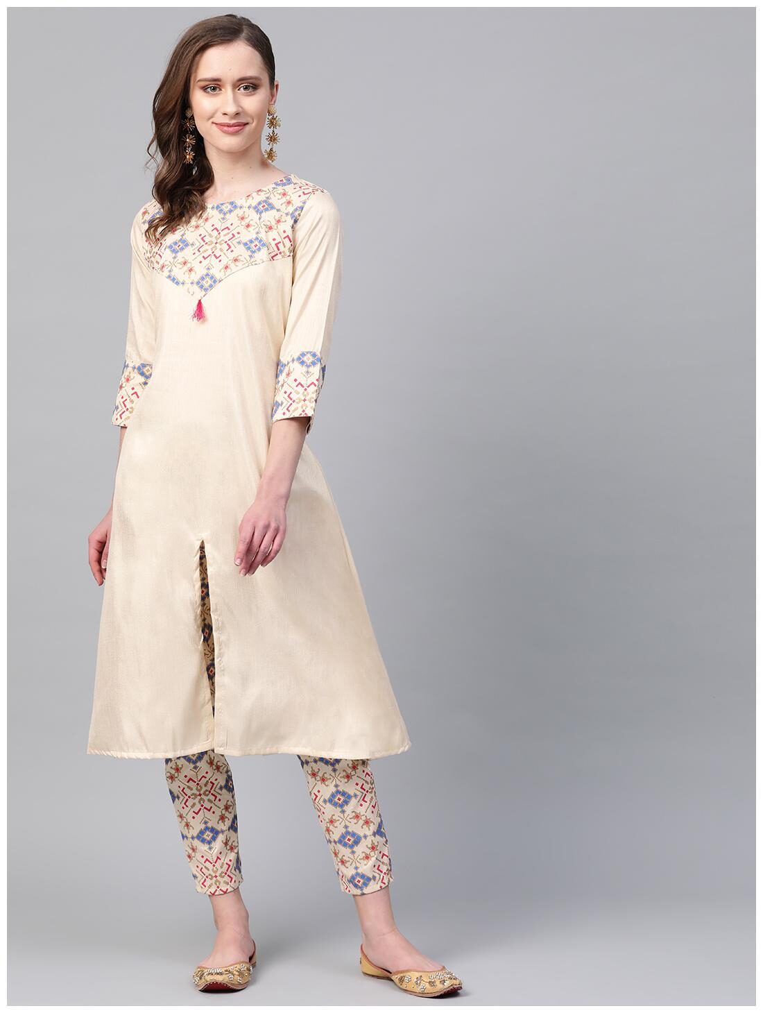 

ZIYAA Women Cream Art Silk Kurta Pants Without Dupatta