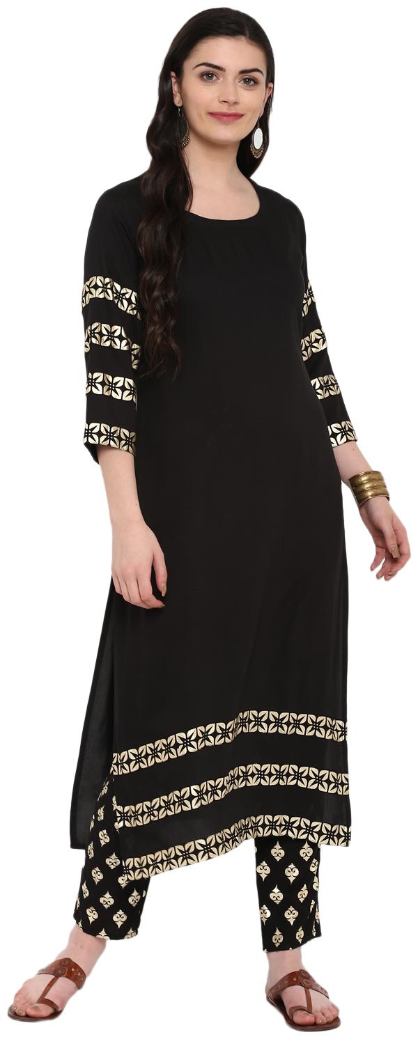 

Ziyaa women Black Color Foil Print straight Rayon Kurta Pant Set