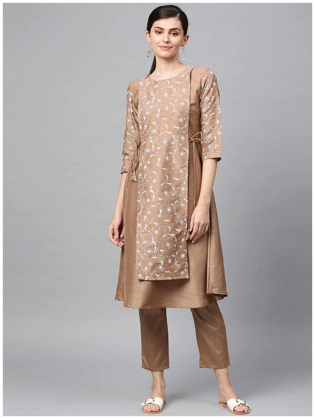 

ZIYAA Women Beige Floral Layered Kurta With Pants