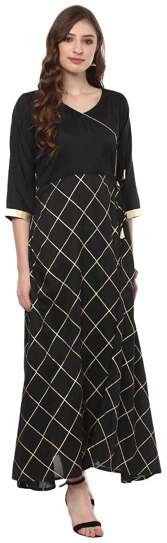 

Ziyaa Women s Black Coloured Foil Checkered Printed Flared Poly Silk Festive Wear Kurta