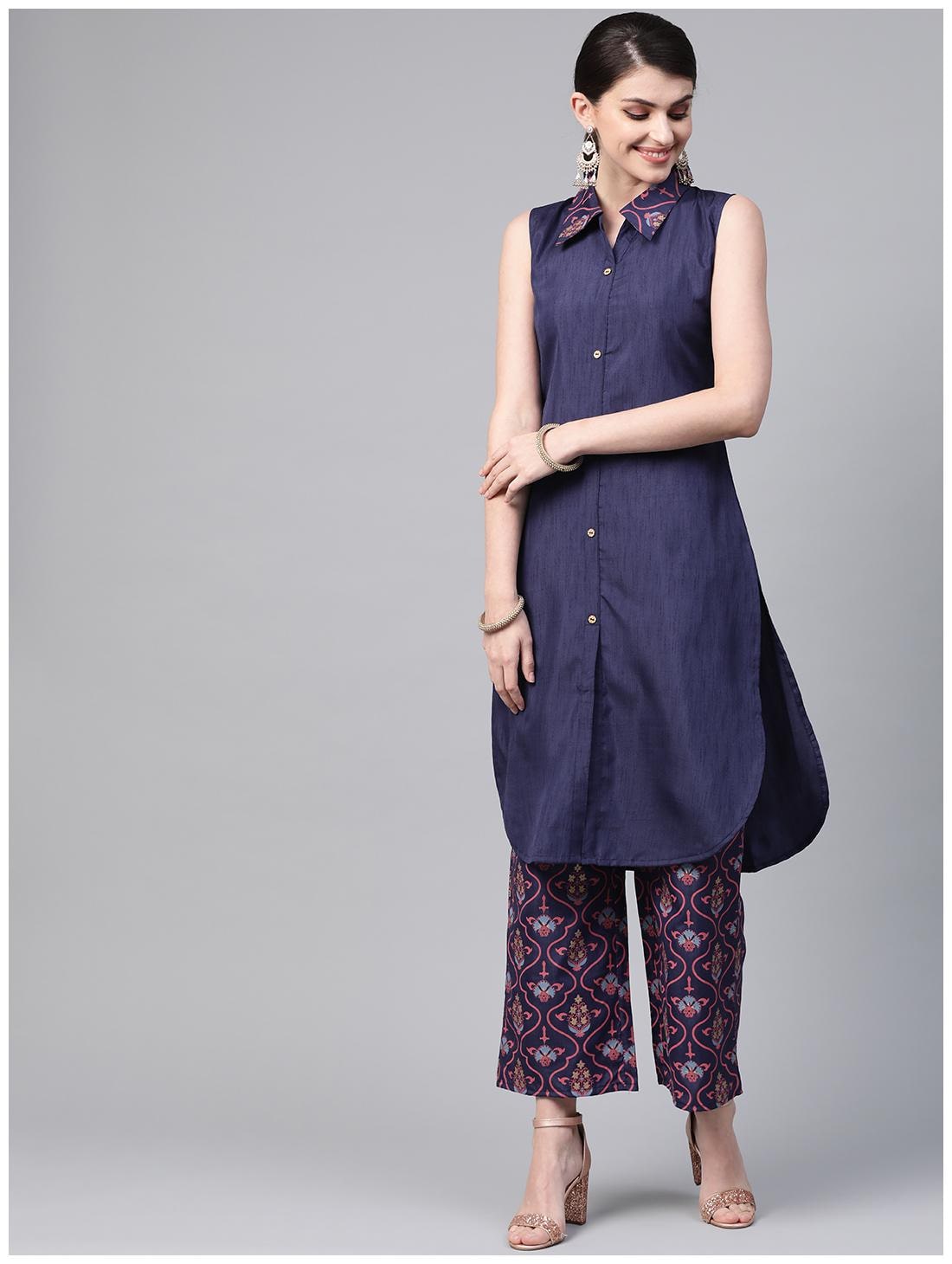 

ZIYAA Women Navy Blue Solid Straight Kurta With Palazzo
