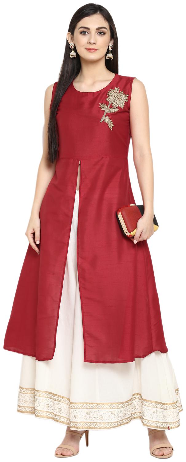 

Ziyaa Women s Red Color Flared Polysilk Solid Kurta