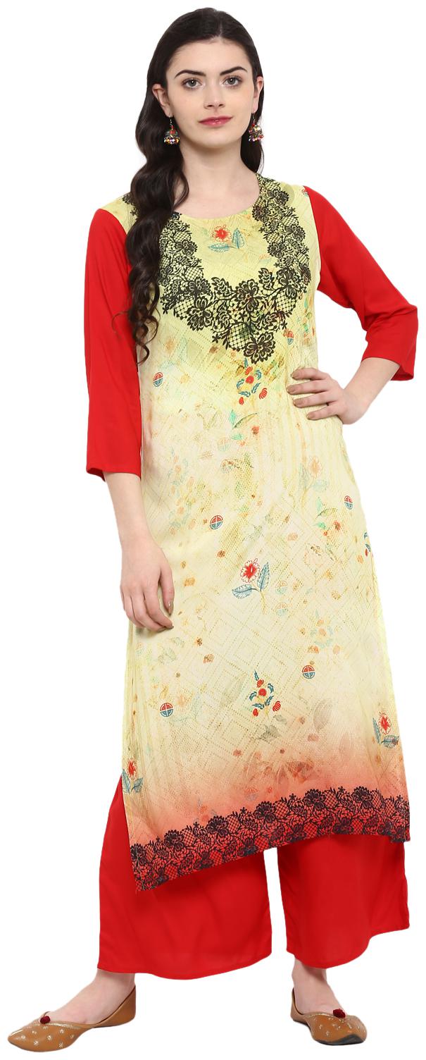

Ziyaa women Beige Red Color Digital Print straight Rayon Kurta Palazzo Set