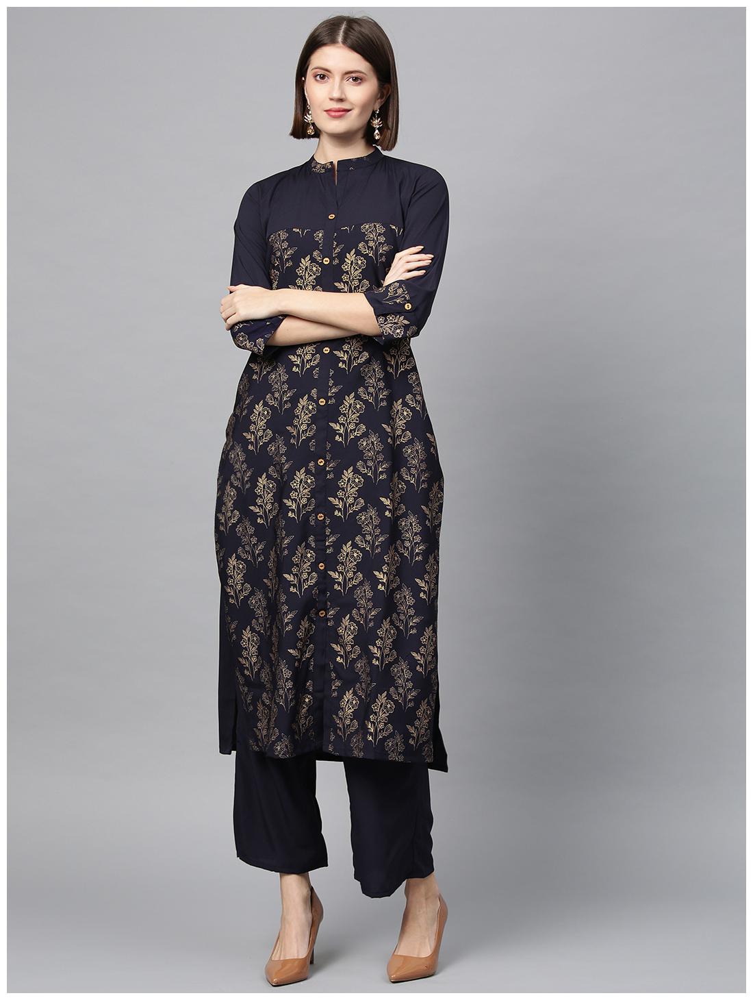 

ZIYAA Women Crepe Floral Blue Kurta With Palazzo