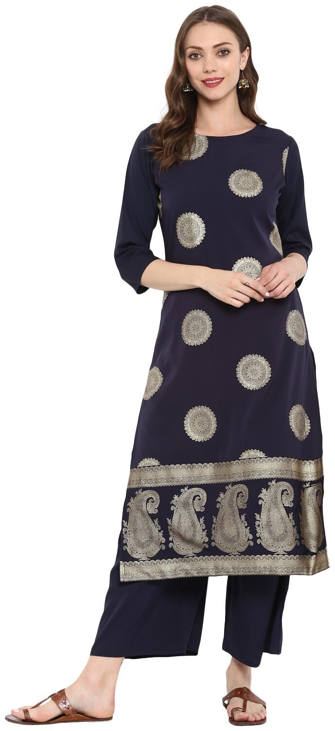 

Ziyaa women Blue Color Foil Print Straight crepe Kurta Palazzo set