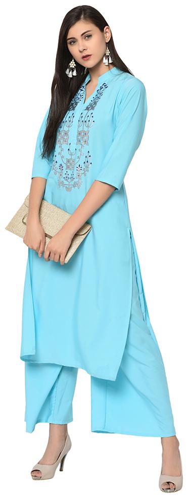 

Ziyaa Women Light Blue Color Straight Foil Print Kurta Palazzo Set