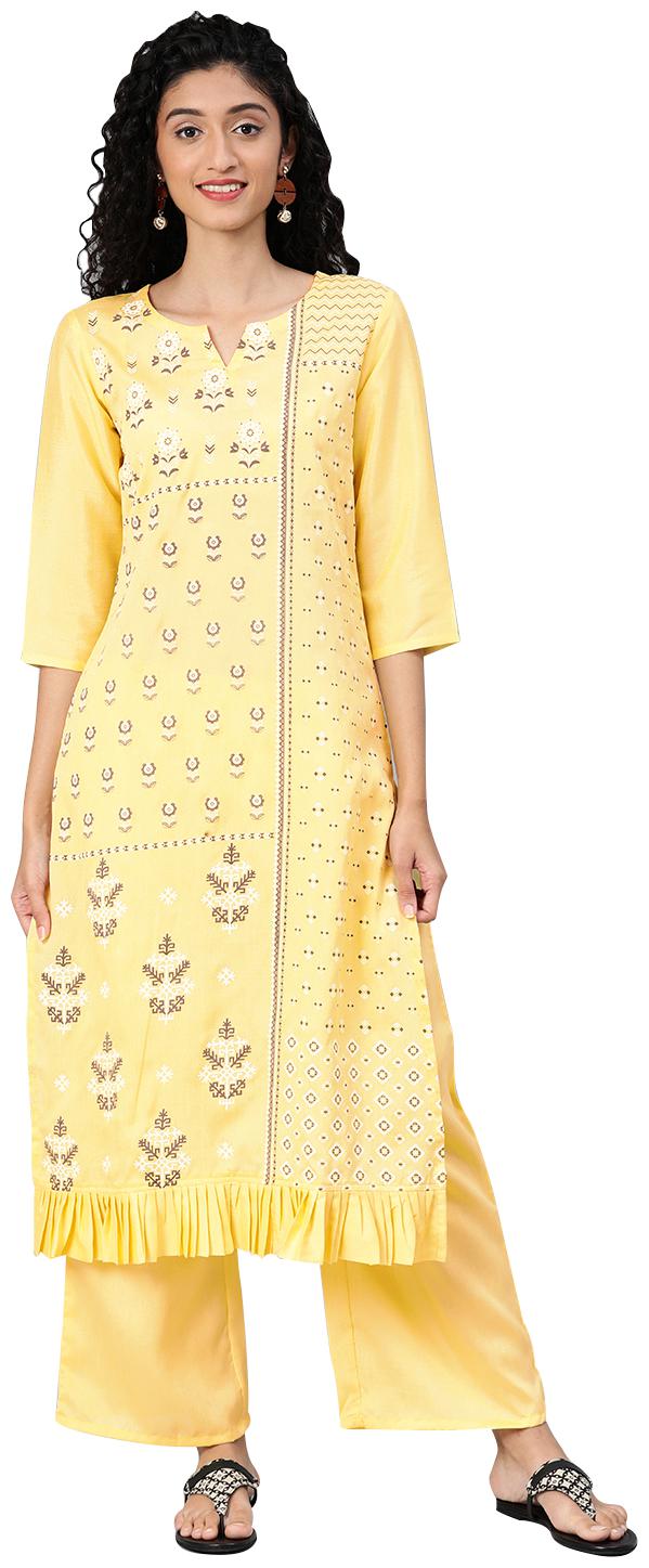 

ZIYAA Women Yellow Floral Straight Kurta With Palazzo