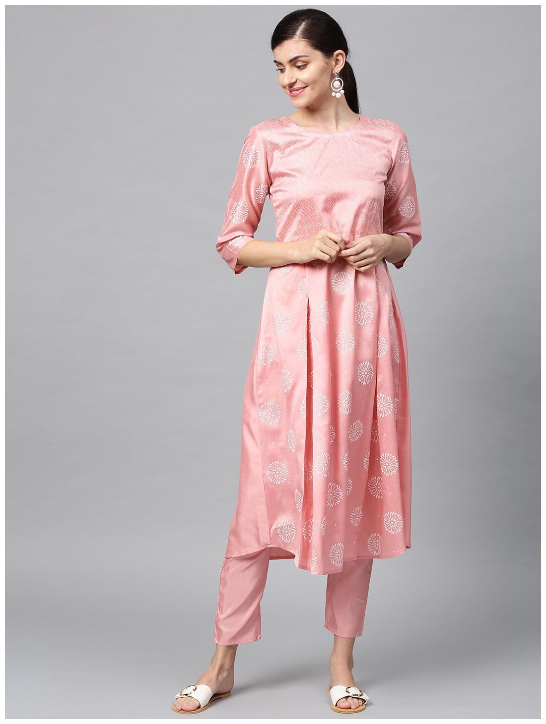 

ZIYAA Women Silk Floral Kurta Pink
