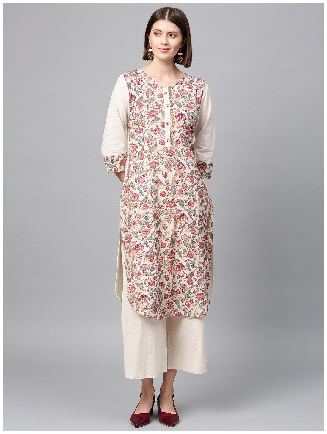 

ZIYAA Women Off White Floral Straight Kurta