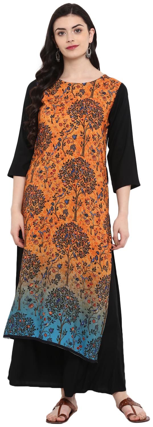 

Ziyaa women Mustard and black Color Digital Print straight Rayon Kurta Palazzo Set