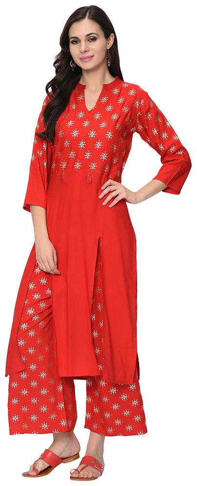 

Ziyaa Women Rayon Printed Kurta With Palazzo (Red)