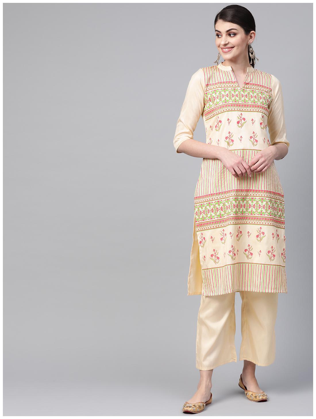 

ZIYAA Women Cream Floral Straight Kurta With Palazzo
