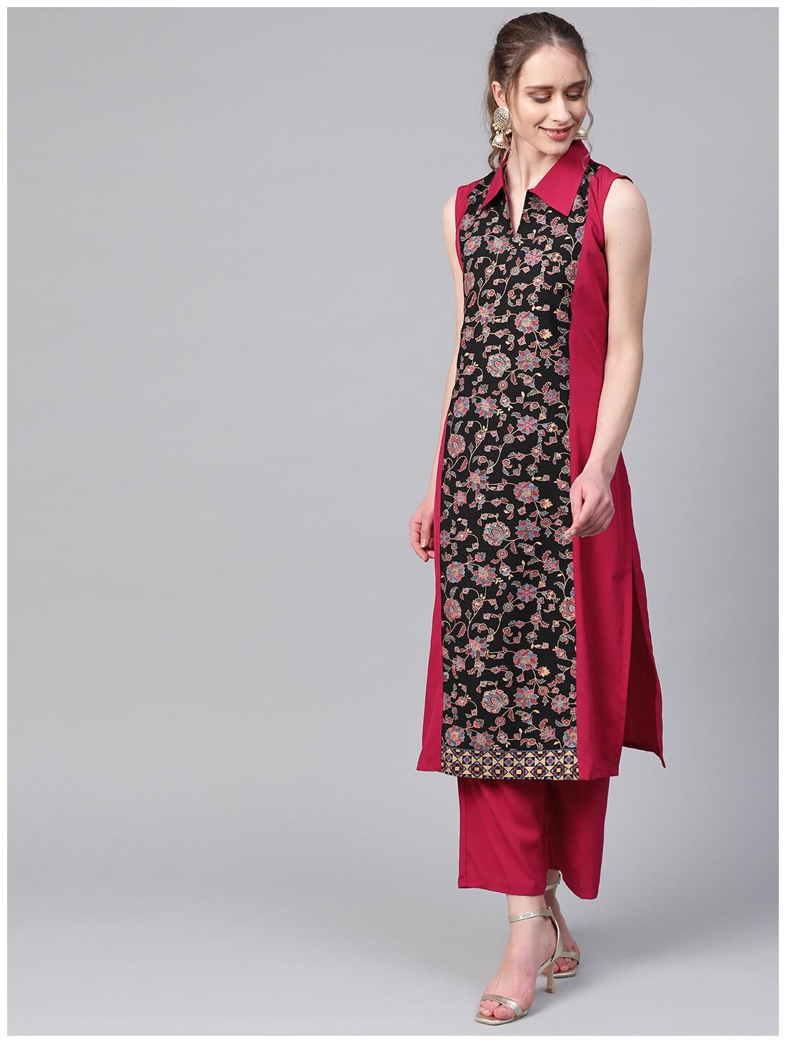 

ZIYAA Women Pink Black Floral Straight Kurta With Palazzo