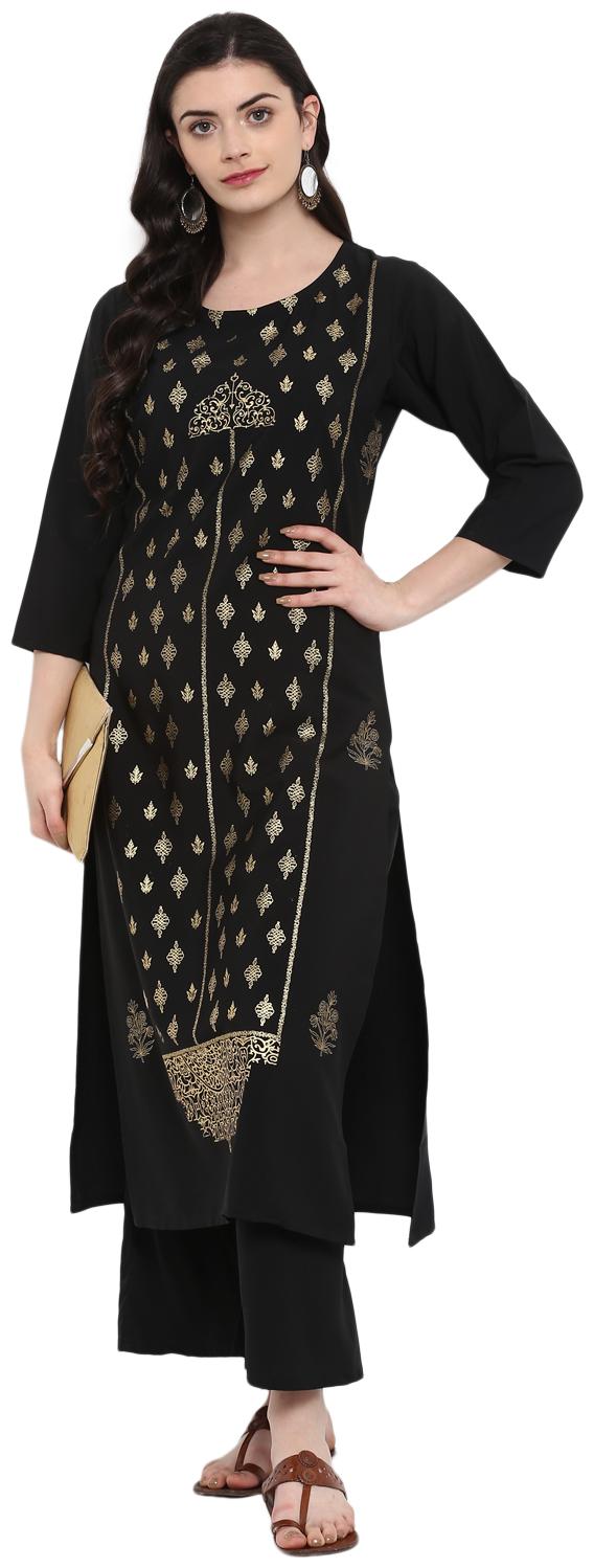 

ZIYAA Women Black Floral Straight Kurta