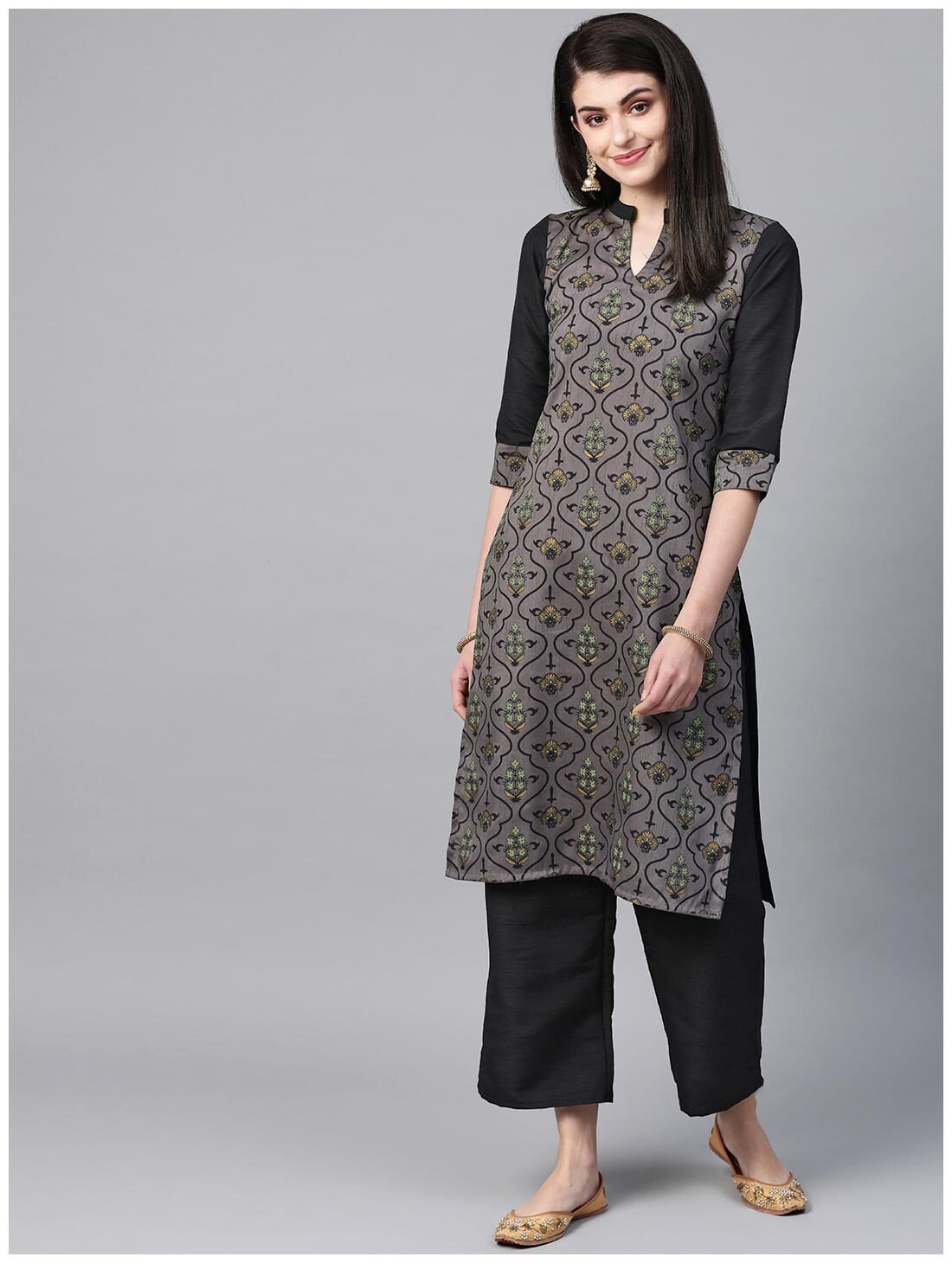 

ZIYAA Women Grey Floral Straight Kurta With Palazzo