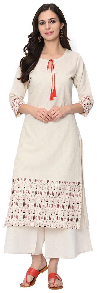 

Ziyaa Women Cotton Floral Kurta With Palazzo (Beige)