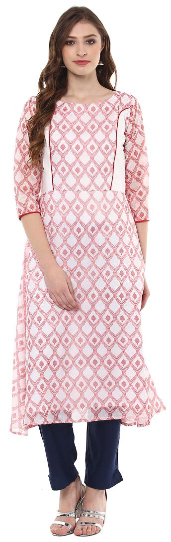 

Ziyaa Women s White Coloured Digital Ogee Printed Aline Party Wear Chanderi Kurti